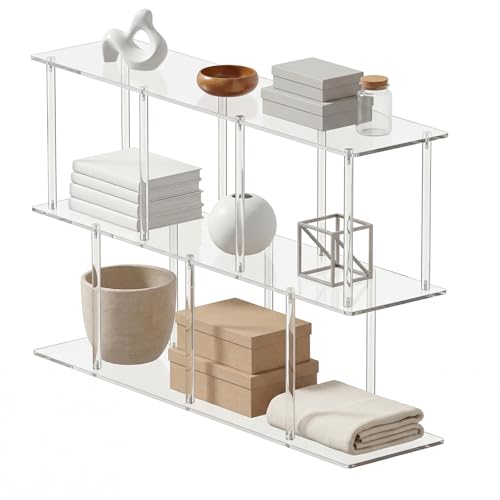 3-Tier Acrylic Clear Bookshelf 11.8''D X 47.2''W X 24.6''H Horizontal Bookshelf with Large Storage Cube Organizer Shelf Easy Assembly for Home Office Living Room Bedroom