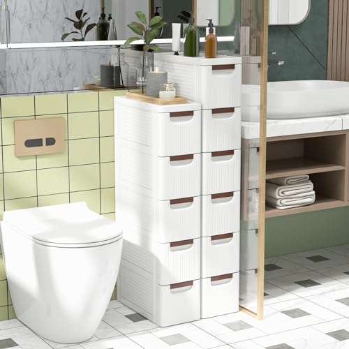 LOKO 5-Drawer Narrow Storage Cabinet, Slim Rolling Cart (7.5"x16.5"x36") | Mobile Plastic Cart Container | Pull Handles & Built-in Wheels | For Living Room, Kitchen, Bathroom, Office - size: 7.5"x16.5"x36" (5 Drawer)
