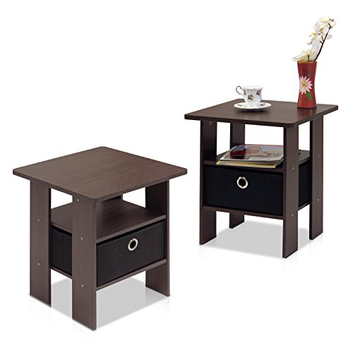 Furinno Andrey Set of 2 End Table / Side Table / Night Stand / Bedside Table with Bin Drawer, Dark Brown/Black | Open Shelf and Storage Bin, Modern Night Stand, Bedside Table, for Living Room, Bedroom - color: Dark Brown/Black, size: 2-Pack, Center Bin