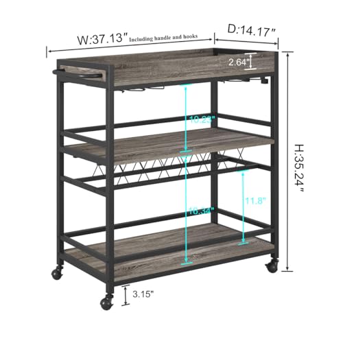 Bar Cart, Home Bar Serving Cart on Wheels, Mobile 3 Tier Liquor Beverage Carts with Wine Rack and Glass Holder (Grey Oak) - color: Grey Oak, size: 14.17"D x 37.01"W x 35.23"H