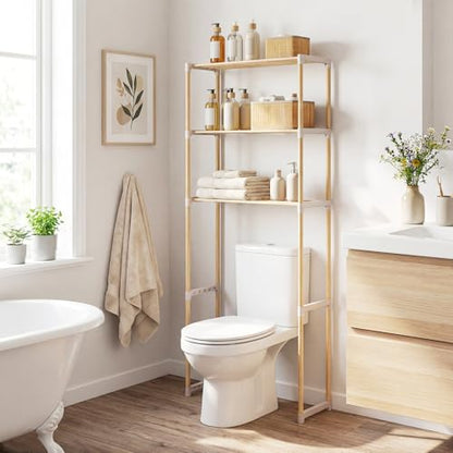 COSTWAY 3-Tier Over The Toilet Rack, Solid Wood Vertical Organizer with Slatted Shelves, Freestanding Space-Saving Toilet Storage Rack for Bathroom, Laundry Room
