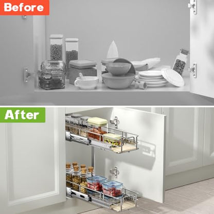 ROOMTEC 2 Tier Individual Pull Out Cabinet Organizer 7½"W x 21½"D, Slide Out Wood Shelves Organizers, Pull Out Drawers Organization and Storage for Kitchen Cabinet - size: 7½" W x 21½" D