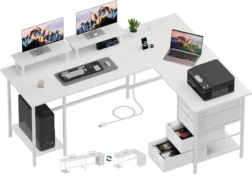 Korfile 59 inch L Shaped Computer Desk with Power Outlets, Home Office Desk with 4 Adjustable Storage Drawers & 2 Monitor Stands, Two Person Gaming Table for Bedroom, White - color: White, size: 59 Inch