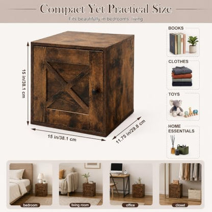 15" H x 15" W x 11.75" D Stackable Cube Storage Organizer with Door, Brown Modular Cubby Storage Bin with Non-Slip Pads, Wooden Cube Bookshelf Shelf for Bedroom, Living Room, Kitchen and Office