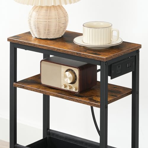 HOOBRO Small Narrow Side Table, Narrow End Table with Charging Station, Extra Slim Nightstand with Storage, Skinny End Table for Small Spaces for Living Room, Rustic Brown and Black BF125UBZ01