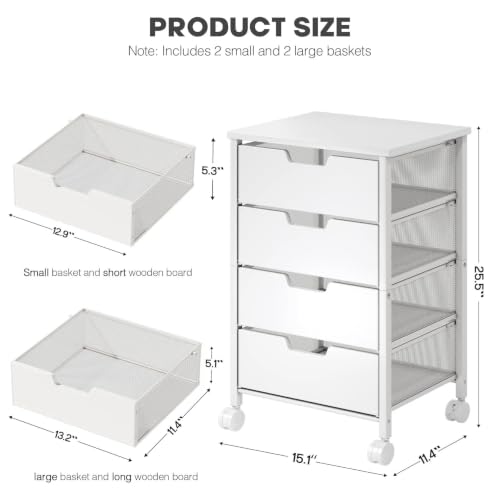 Rolling Cart with Drawers, Wooden Top and Front, with Wheels Metal Under Desk Storage Cart with 4 Drawers, for Office, Bedroom, Classroom, Home, White - color: White