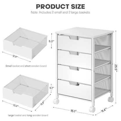 Rolling Cart with Drawers, Wooden Top and Front, with Wheels Metal Under Desk Storage Cart with 4 Drawers, for Office, Bedroom, Classroom, Home, White - color: White