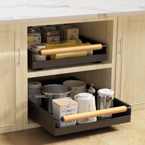 2 Pack 15.3'' Deep Expandable Slide Out Cabinet Shelf No-Drill Pull Out Drawer with Nano Film Adhesive, Heavy Duty Pull Out Tray for Kitchen, Pantry & Bathroom, Black - color: 2 Pack Black