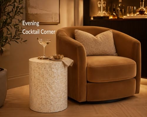 PEMAR Capiz Shell Cylinder Drum End Table Nacre Side Table Stool Round Drum Accent Coffee Bedside Nightstand and Vanity Stool, 13" Diameter x 19.3" High, White Cream - color: White Cream