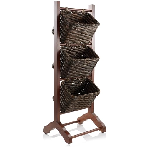 Casafield 3-Tier Floor Stand with Water Hyacinth Storage Baskets, Walnut/Espresso - Standing Organizer Rack for Bathroom, Kitchen, Laundry, Living Room - color: Walnut, Espresso