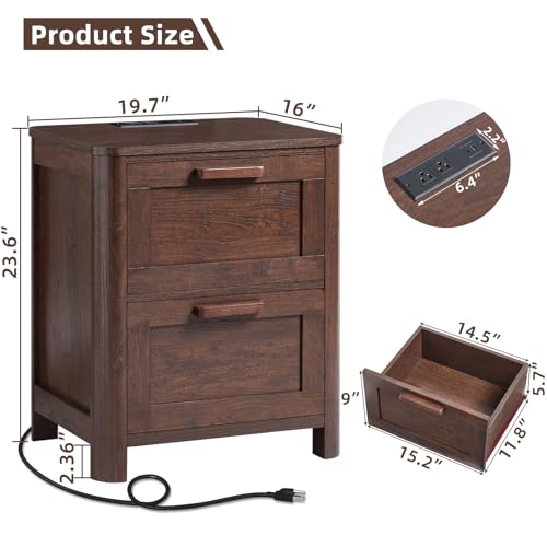 Joaxswe Farmhouse Night Stand with Charging Station, End Tables Bedroom with 2 Large Drawers & 4 Thickened Table Legs, Walnut - color: Walnut, size: 16"D x 19.7"W x 23.6"H (2 Drawers)