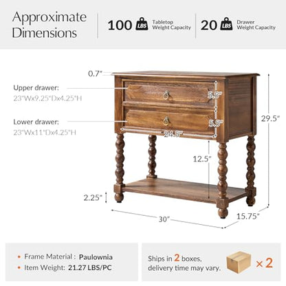 HULALA HOME Farmhouse End Table with Charging Station, 2PK Walnut | Open Shelf Storage, Drawer Organization, Spindle Legs, Solid Wood Details - color: Walnut