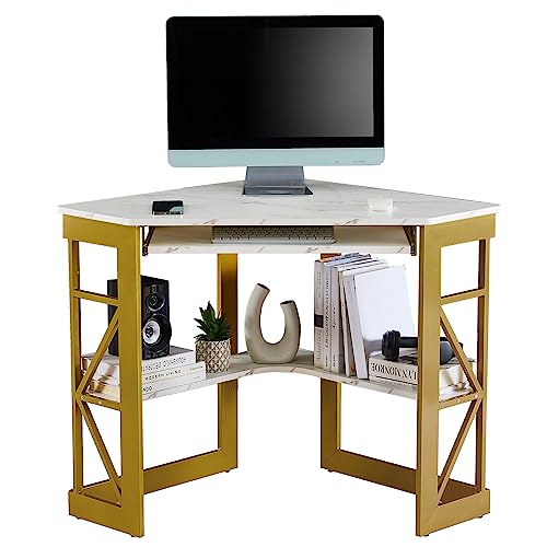 VECELO Corner Desk Computer Desk Writing Table with Smooth Keyboard Tray&Storage Shelves for Small Spaces/Compact Home Office Triangle Table,Gold & White - color: Gold & White