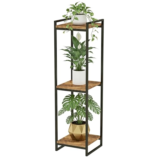 45" Tall Indoor Plant Stand, 3-Tier Flower Pot Rack, Rustic Brown | Modern Minimalist Look, Wood Finish, for Living Room, Bedroom, Balcony, Space-Saving, Sturdy Metal Frame