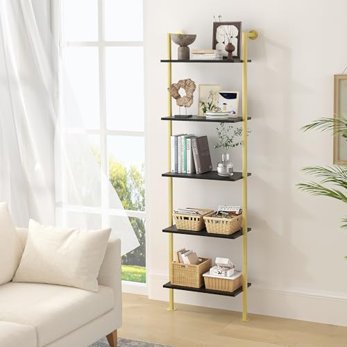 Acovy 5-Tier Bookshelf Solid Wood Ladder Shelf, Narrow Book Shelf Display Shelf, Wooden Bookcase, Wall Mount Ladder Shelf, Storage Rack for Living Room, Bedroom, Industrial Style, Black&Gold - color: Black&gold