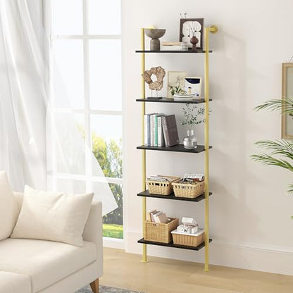 Acovy 5-Tier Bookshelf Solid Wood Ladder Shelf, Narrow Book Shelf Display Shelf, Wooden Bookcase, Wall Mount Ladder Shelf, Storage Rack for Living Room, Bedroom, Industrial Style, Black&Gold - color: Black&gold