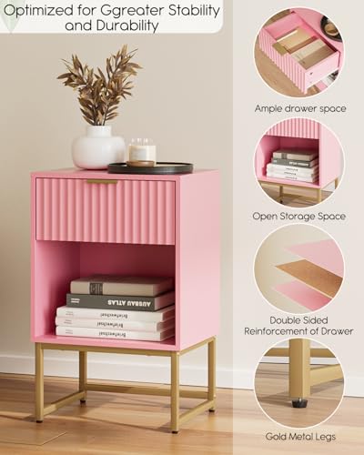 Masupu Fluted Nightstand, Modern Night Stand Wood Bedside Table with Storage Drawer Side End Table for Bedroom, Office, Pink - color: Flutted-pink