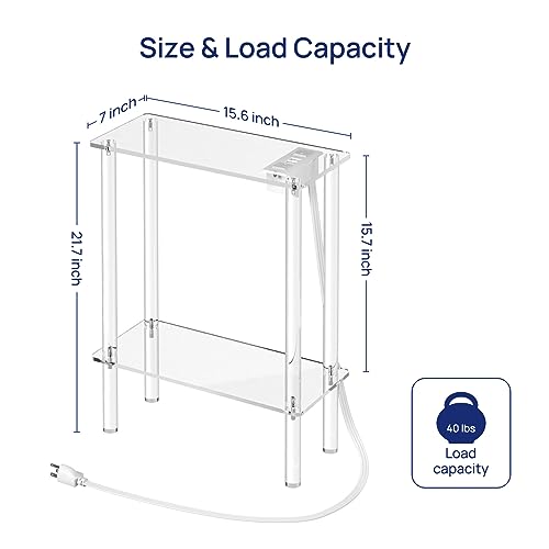 HMYHUM Acrylic Narrow Side Table with Charging Station, 7" Width, 2 Tier Small End Table for Small Spaces, Skinny Nightstand/Bedside Table with USB Ports & Outlet, Clear - size: 2-tier