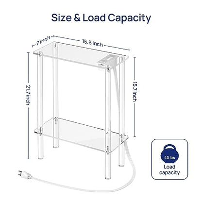 HMYHUM Acrylic Narrow Side Table with Charging Station, 7" Width, 2 Tier Small End Table for Small Spaces, Skinny Nightstand/Bedside Table with USB Ports & Outlet, Clear - size: 2-tier