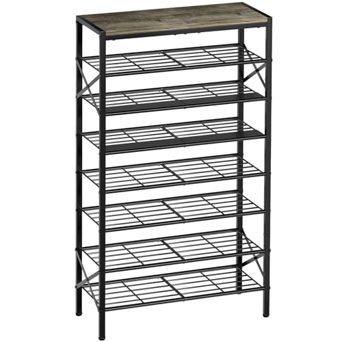 8 Tier Metal Shoe Rack with Wood Top, 24-32 Pairs Gray | 52in tall maximizes vertical space. 2 iron sheets for heels. Remove a layer for tall boots. Versatile for home. - color: Grey, size: 8-tier