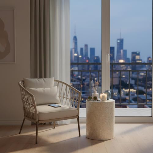 PEMAR Capiz Shell Cylinder Drum End Table Nacre Side Table Stool Round Drum Accent Coffee Bedside Nightstand and Vanity Stool, 13" Diameter x 19.3" High, White Cream - color: White Cream