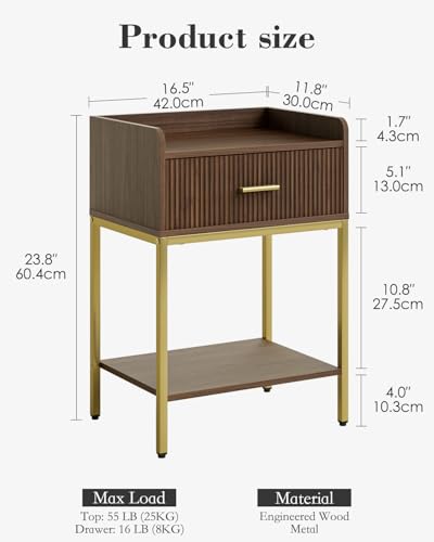 Nightstand, 3-Tier Bed Side Table, Small End Table, Night Stand with Open Shelf and Drawer, Bedside Table for Bedroom, Living Room, Walnut - color: Walnut, style: Without Charging Station