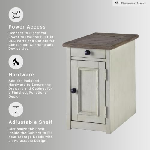 Signature Design by Ashley Bolanburg Farmhouse Chair Side End Table, 2 USB Ports, Pull-out Tray, Wood, 14" W x 24.25" D x 23" H, Antique Cream & Brown - color: Whitewash