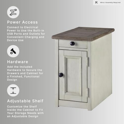 Signature Design by Ashley Bolanburg Farmhouse Chair Side End Table, 2 USB Ports, Pull-out Tray, Wood, 14" W x 24.25" D x 23" H, Antique Cream & Brown - color: Whitewash