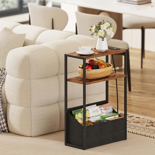 TUTOTAK Keep Phones Charged & Books Organized with Slim 3-Tier Side Table with Charging Station for Living Room Bedroom TB01BB095 - color: Brown