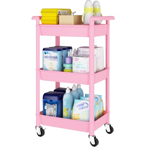 Steehoom 3-Tier Utility Rolling Cart with Cover Top Board, Mobile Utility Cart with Lockable Casters Multi-Functional Storage Trolley for Office, Bathroom, Kitchen, Garden, Laundry Room (Pink) - color: Pink, size: 3-Tier