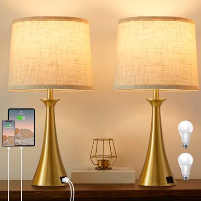 Touch Lamp for Living Room Bedroom, 21" Table Lamps Set of 2 with USB C+A Ports, Touch Bedside Lamps for Nightstand with 3 Way Dimmable, 2 LED Bulbs Included, Gold - color: Gold 2pcs