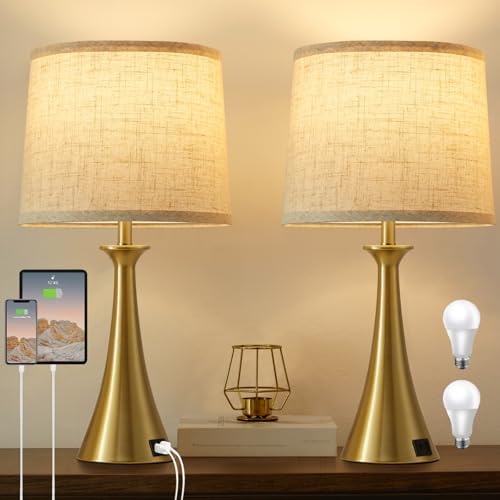 Touch Lamp for Living Room Bedroom, 21" Table Lamps Set of 2 with USB C+A Ports, Touch Bedside Lamps for Nightstand with 3 Way Dimmable, 2 LED Bulbs Included, Gold - color: Gold 2pcs