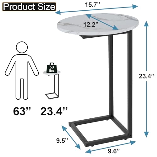 C Shaped End Side Table, Small Oval Couch Sofa Table for Bed, Snack Side Table with Metal Frame, TV Tray Table with White Marble for Small Space, Living Room, Bedroom, Bedside, Black - color: White Marble+black