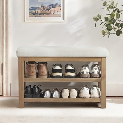 Zihanhome 2 Tier Shoe Rack Bench with Cushion, Solid Wood Shoe Benches, Mid-Century Modern Shoe Storage Bench for Entryway, Hallway, Living Room, Closet, Front Door Entrance, (Beige, 31.5") - color: Beige, size: 31.5"