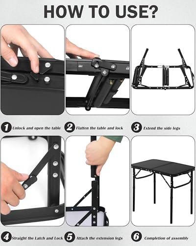 LOFTEY 2025 Reinforced Small Folding Table Portable, Small Foldable Camping Table, Heavy-Duty Mini Folding | 2 Adjustable Height | Lightweight Aluminum with Handle | 25" x 16" x 22", Black - color: Black-v