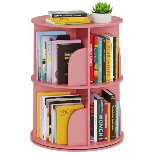 SpaceAid 2 Tier Rotating Bookshelf Tower, Spinning Bookcase Lazy Susan, Revolving 360 Book Shelf Storage Round Carousel, Vertical Rotate Turning Spiral Corner Organizer, Pink - color: Pink, size: 2 Tier, 25.6" H