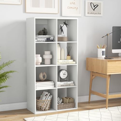 Giantex 8-Cube Bookcase, White Cubby Bookshelf w/Back Guardrail & Anti-Tipping Kits, 8-Tier Freestanding Storage Organizer with Shelves, Open Back Display Rack for Living Room, Bedroom, Study