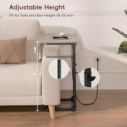 Vagusicc C Shaped End Table with Charging Station, Adjustable Height Side Table for Couch, C Table End Table Couch Table that Slide Under, Sofa Table TV Tray Arm Tables for Living Room, Bedroom, Gray - color: Greige, style: Charging Station