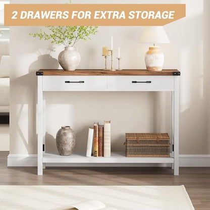 Klaesio 31-inch Side Table Suitable for Entrances, Hallways, and Living Rooms Two-Tier Narrow Sofa Side Table Industrial-Style Entrance Table with Drawers and Open Storage Shelves - White + Brown - color: White