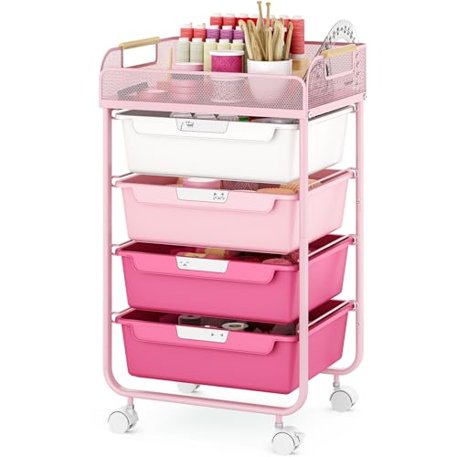 SYKIARIOL 4-Drawer Rolling Storage Cart with Mesh Top, Utility Craft Organizer Cart on Wheels with DIY Labels, Rolling Drawer Cart for Home Office Classroom Bedroom, Rose Pink - color: Pink