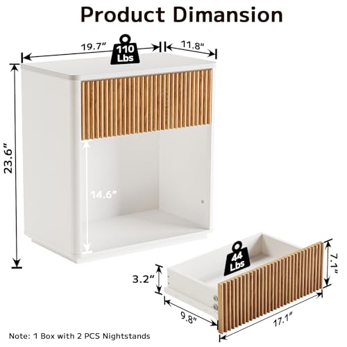 Modern Fluted Nightstand Set of 2 for Bedroom, Mid Century Bedside Table with Drawer & Open Shelf, Wood End Table, Farmhouse Night Stand for Home, Hallway, Office, White - color: White