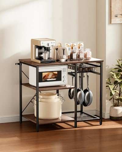 VEVOR Bakers Rack, 35.4 inch Width Microwave Stand,Kitchen Stand with X-Shaped Support Bar & 5 S-Shaped Hooks,Kitchen Storage Shelf for Dish Storage, Spice Jars, Coffee Bar Organization - size: 35.4 x 15.7 x 35.4