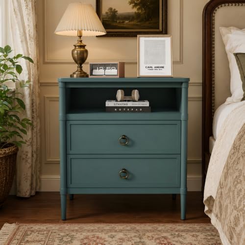 Nightstand, Mid Century Modern Night Stand with 2 Drawers and Open Shelf, Beside Table with Distressed Ring Handle for Bedroom,End Table (1, Green) - color: Green