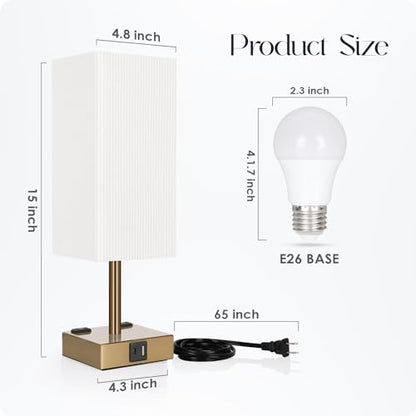 Set of 2 Bedside Table Lamp 3 Way Dimmable Nightstand Lamp with USB C & USB A Charging Port, 2 AC Outlets, 3000K LED Bulbs (Pleate) - color: Pleated