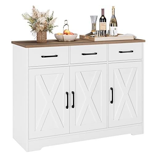 HOSTACK Modern Farmhouse Sideboard Buffet Cabinet, Barn Doors Buffet Storage Cabinet with Drawers and Shelves, Wood Coffee Bar with Storage for Kitchen, Dining Room, Living Room, White - color: White