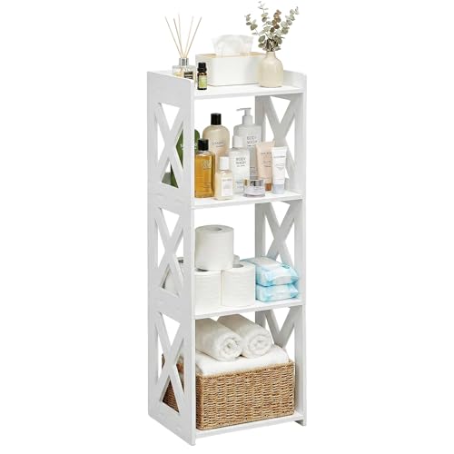 4-Tier Narrow Corner Bathroom Floor Stand, Waterproof PVC, White | Storage Shelf, Rack, Holder, Fits Tight Spaces, for Toilet Side, Laundry, Shower, Kitchen Spice Rack, Easy to Clean, 37”H - size: 4 Tier