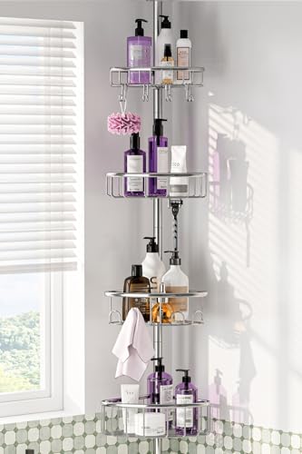 Corner Shower Caddy Tension Pole: Stainless Steel Rustproof 4-Tier Shower Organizer - 47-121 inch Adjustable Bathroom Shelves for Bathtub Shampoo Storage - Tension Rod Floor Standing Bath Rack - style: A Style-Silver