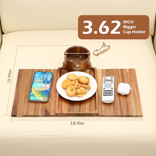 GHKINMAL Couch Cup Holder Tray, Acacia Wood Couch Armrest Table with 360° Ratated Phone Holder, 18.99" Flodable Anti-Slip Sofa Armrest Tray Tables for Snacks Remote Storage - color: Acacia Wood