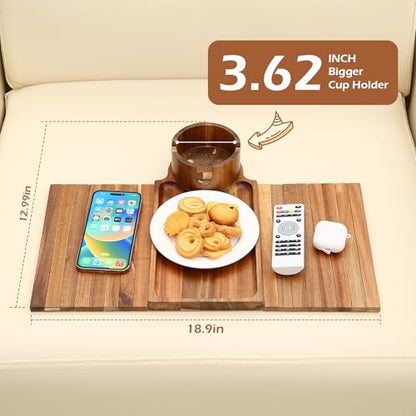 GHKINMAL Couch Cup Holder Tray, Acacia Wood Couch Armrest Table with 360° Ratated Phone Holder, 18.99" Flodable Anti-Slip Sofa Armrest Tray Tables for Snacks Remote Storage - color: Acacia Wood