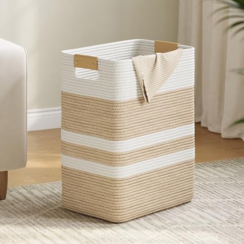 Nunsino 75L Laundry Basket, Cotton Rope Laundry Hamper with Leather Handles | Versatile Storage Basket for Laundry, Blankets, Toys, Towels, Pillows, and Nursery Organization - color: Brown&White, size: 75L